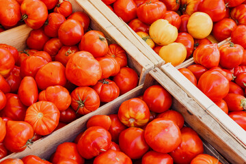 Heirloom tomatoes in wooden crates at market