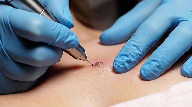 Dermatological Procedure on Skin Lesion Done with Precision by Expert with Blue Gloves in Beauty Clinic Medical Intervention for