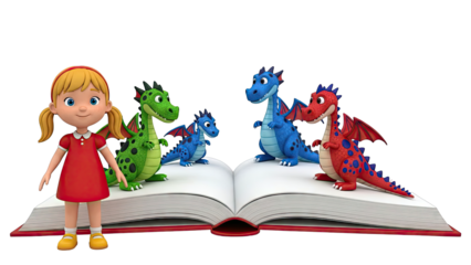 Girl and Dragons Reading a Book