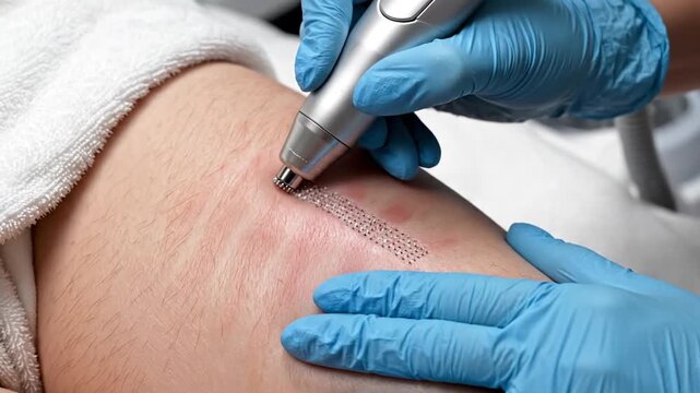 Dermatologist Performing Microneedling Procedure on Thigh with Visible Redness and Blue Gloved Hands in a Medical Setting Clinic