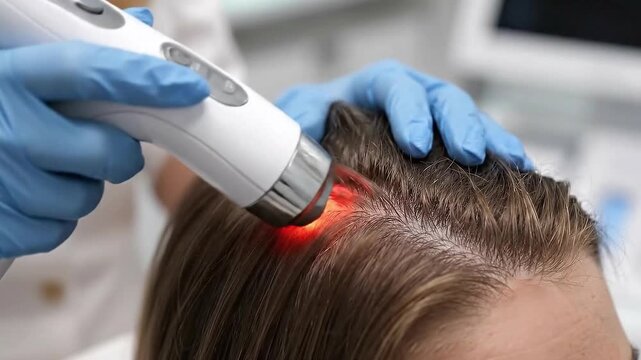 Dermatologist Treating Scalp with Laser Light Therapy for Hair Regrowth Medical Procedure Doctor Wearing Blue Gloves on Fair Skin