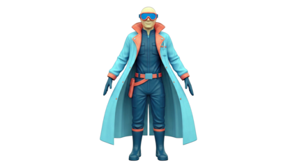 Male character in blue scientist coat and goggles, 3D render