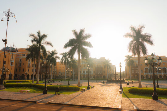 Plaza de Armas with palm trees in Lima, Peru 