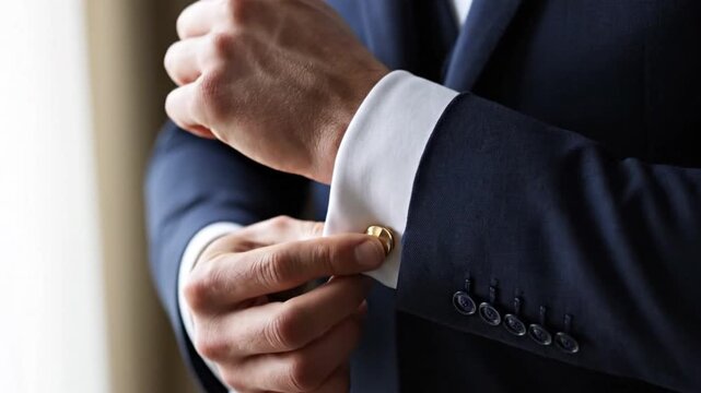 Sophisticated Attire: A close-up view captures the refined elegance of a well-dressed individual as they fasten the cufflink on their formal wear.