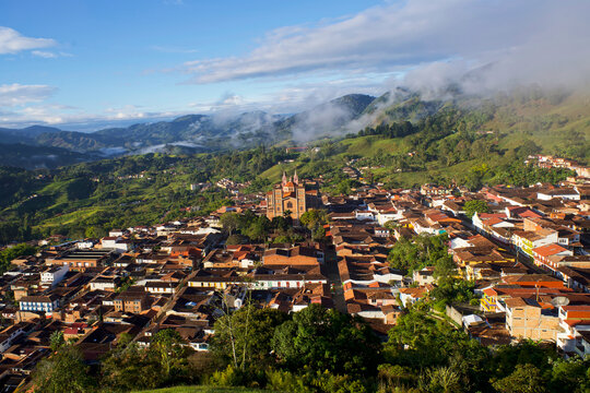 Panorama on the town of Jeric&oacute; with the Catedral de Nuestra Se&ntilde;ora de las Mercedes at sunrise in the cordillera occidental,  Antioquia, Colombia.