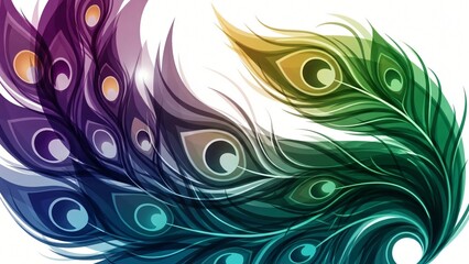 abstract background with layered translucent peacock feather shapes in gradient jewel tones