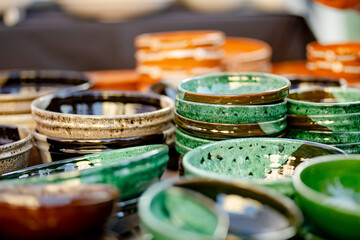Ceramic dishes, tableware and jugs sold on Kaziuko muge or Kaziukas spring fair, traditional Easter...