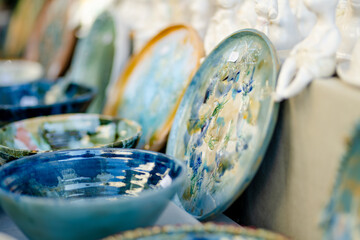 Ceramic dishes, tableware and jugs sold on Kaziuko muge or Kaziukas spring fair, traditional Easter...
