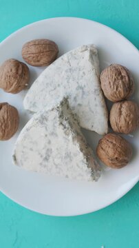 Close-Up of Walnuts with French Roquefort Cheese