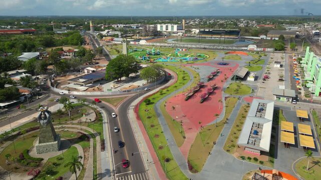 Aerial drone footage over Macapa city, AP, Brazil, highlighting the Marco Zero monument where the imaginary Equator line crosses the city, dividing the northern and southern hemispheres