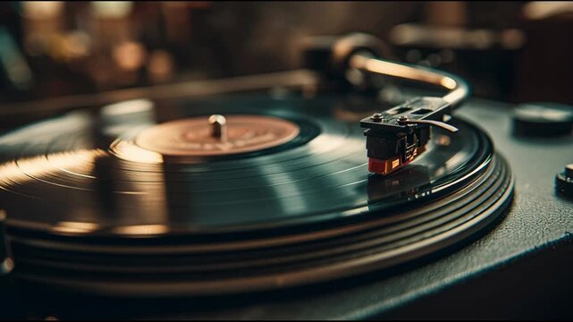 Close-Up of Vinyl Record Playing on Turntable with Needle