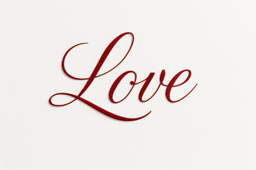 Love elegant burgundy script calligraphy text on light beige background, romantic Valentine's Day lettering with classic cursive typography style