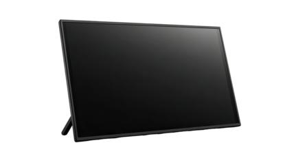 Angled view of a dark screen, standing on a small leg, against black