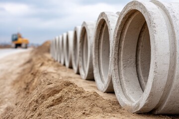 Row of concrete sewer or drainage pipes lined up on a dirt mound at a construction site, heavy machinery is in the background.
