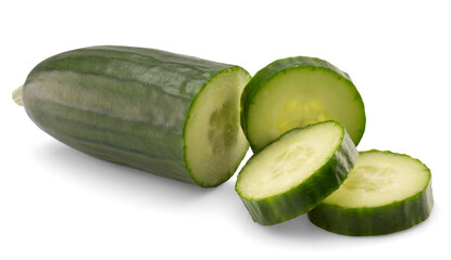 Cucumber and slices isolated on white background.
