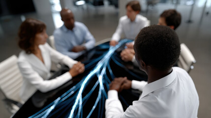 A diverse team participates in an engaging discussion around a digital interactive table, showcasing vibrant visual elements that represent their shared ideas and connections.