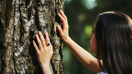 Hands Touching Tree Trunk in Forest
