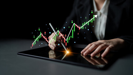A stock market trading candlestick chart showing a bull market trend. A concept of financial investment with technical analysis and trading signals. Motif
