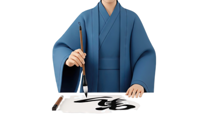 Person in Blue Robe Practicing Calligraphy