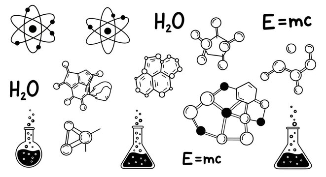 Hand drawn chemistry and physics doodles with atoms molecules and flasks.