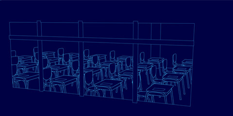 A clean contour line drawing of a well-organized classroom features neat rows of desks and chairs against a deep blue background.