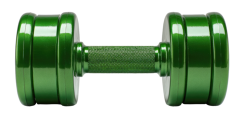 Green dumbbell with textured grip, centered against a dark background