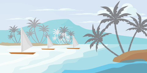 Obraz premium Beach scene illustration with flat style design, beach and coconut tree in cartoon style