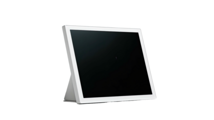 Angled white frame electronic display device with black screen on plain background