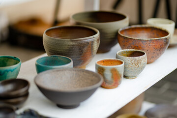 Ceramic dishes, tableware and jugs sold on Kaziuko muge or Kaziukas spring fair, traditional Easter market in Vilnius, Lithuania