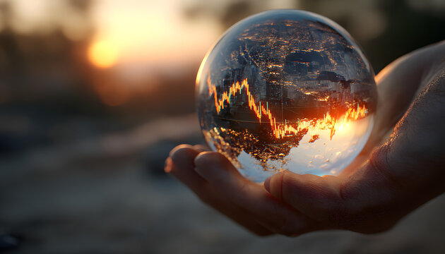 Hand holds crystal ball with stock market chart, cityscape reflection. Financial forecast, investment concept. Business, economy trend prediction with financial graph. Market analysis, investment - Powered by Adobe