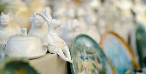 Ceramic dishes, tableware and jugs sold on Kaziuko muge or Kaziukas spring fair, traditional Easter...
