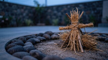 Fototapeta premium Holi celebration includes Holika bonfire made of straw in a traditional setting during the festival time