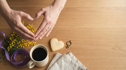 Crafting a heart shape symbol with hands for International Women’s Day at a cozy table setting