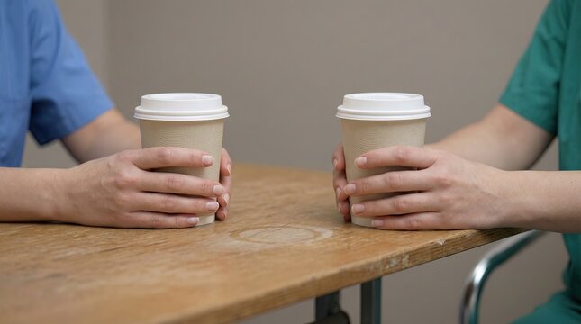 Hospital staff share coffee during break time in a simple setting