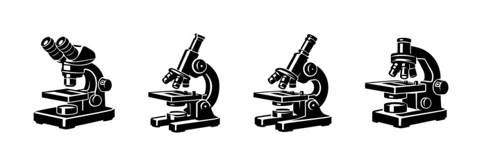 Microscope vector icons set: scientific, biology, laboratory equipment symbols