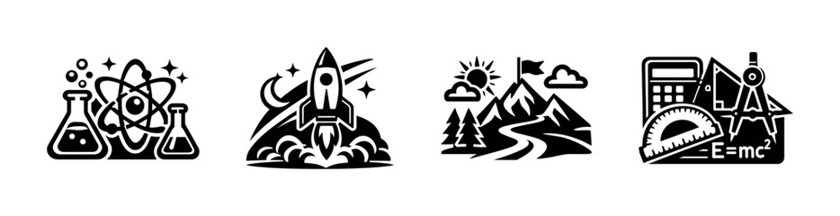 Science and education vector icons set: atoms, rocket, mountains, tools