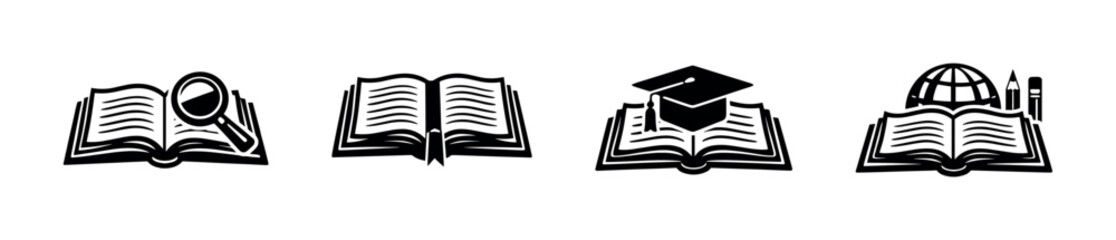 Education vector icons set: books, magnifying glass, graduation cap symbols