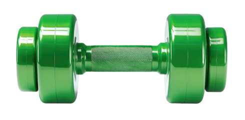 Green dumbbell with textured grip and weighted ends isolated on black