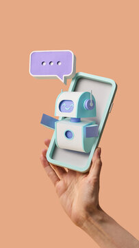 Papercraft robot with chat bubble in phone frame