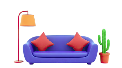 Purple couch with red pillows, floor lamp, and potted cactus