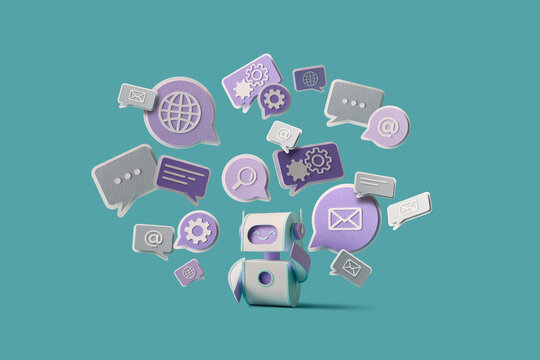 Papercraft robot with communication bubbles on teal