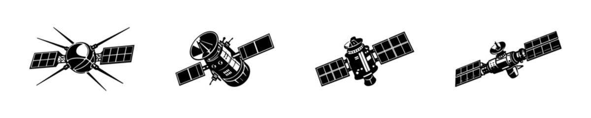 Satellite vector icons set for space exploration, black space technology symbols