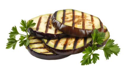 Delicious grilled eggplant slices garnished with fresh parsley isolated on transparent background 
