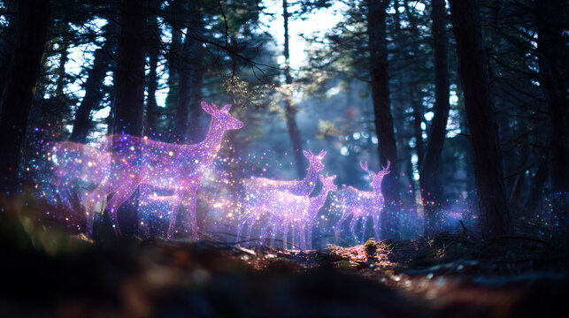 Forest clearing where witches summon holographic animals made of shimmering particles