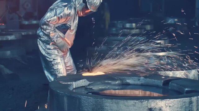 Medium shot of a worker carefully cleaning metal ingots to remove impurities before melting in a hightech industrial facility