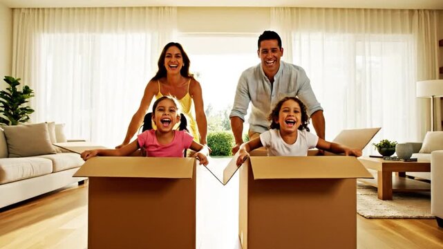 Family's Joyful Journey: A radiant family, embodying unity and excitement, embraces the start of a new chapter as they move into a new home with boundless joy.