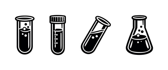 Laboratory glassware vector icons set: test tubes, beakers, scientific symbols