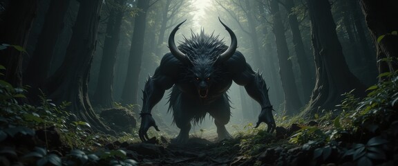 Horned Forest Demon Roaring in Dark Woods