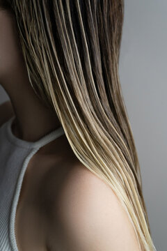  Long Wet Blonde Hair Draped Over Shoulder