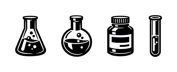 Science and laboratory equipment vector icons set with flasks and test tubes